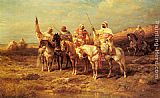 Adolf Schreyer Famous Paintings - Arab Horsemen by a Watering Hole